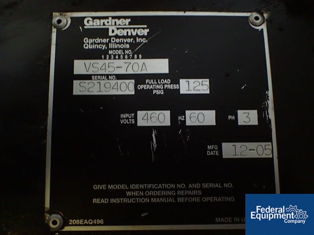 50 HP Gardner Denver Air Compressor, Model VS45-70A | Federal
