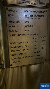 Image of 6.3 Sq Meter / 67 Sq Ft GEA Canzler Thin Film Evaporator, 904L S/S, 3.2/16 Bar 06