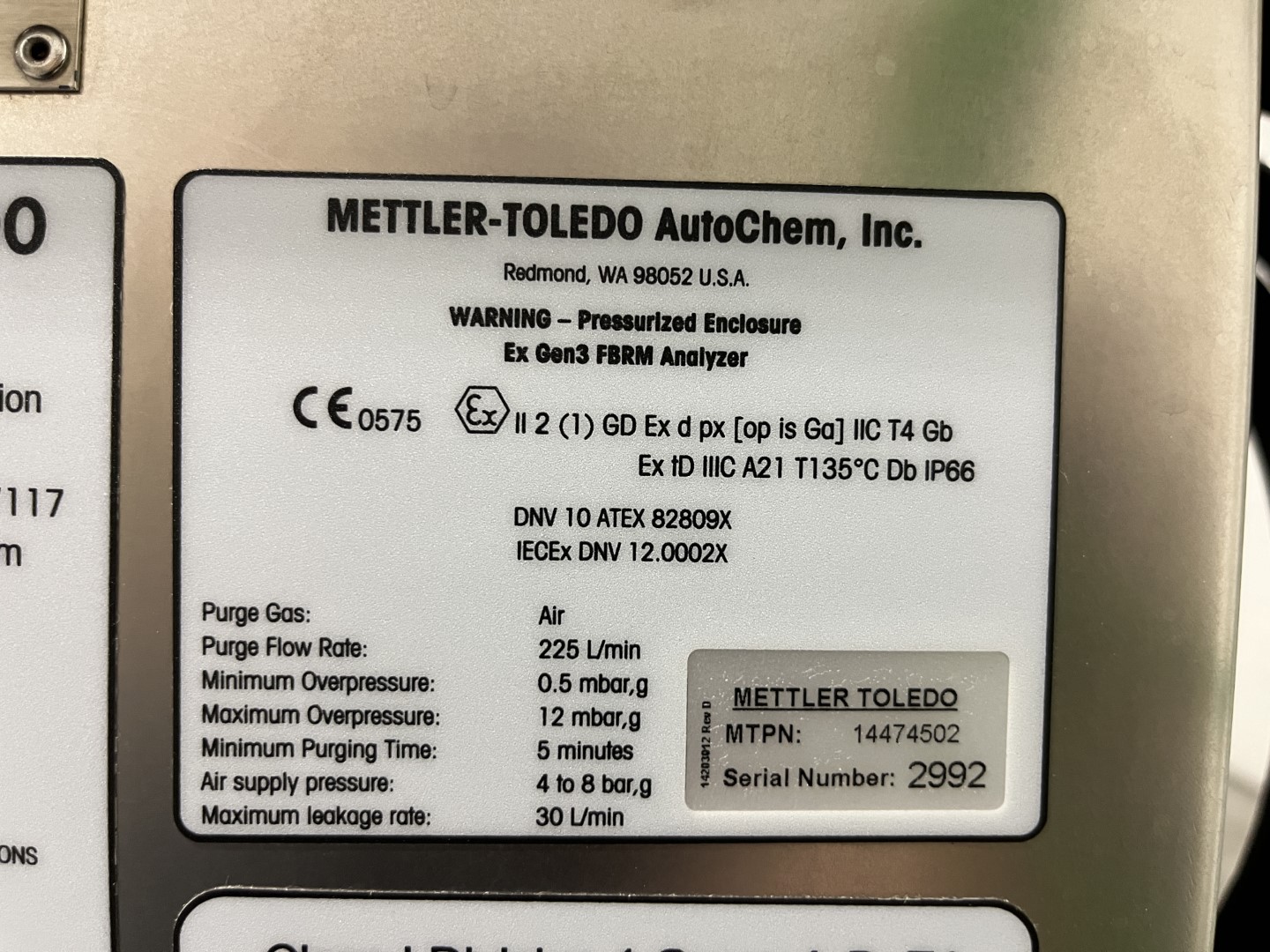 Mettler Toledo In-Line Granual Size Analyzer, Model FBRM C35 EX
