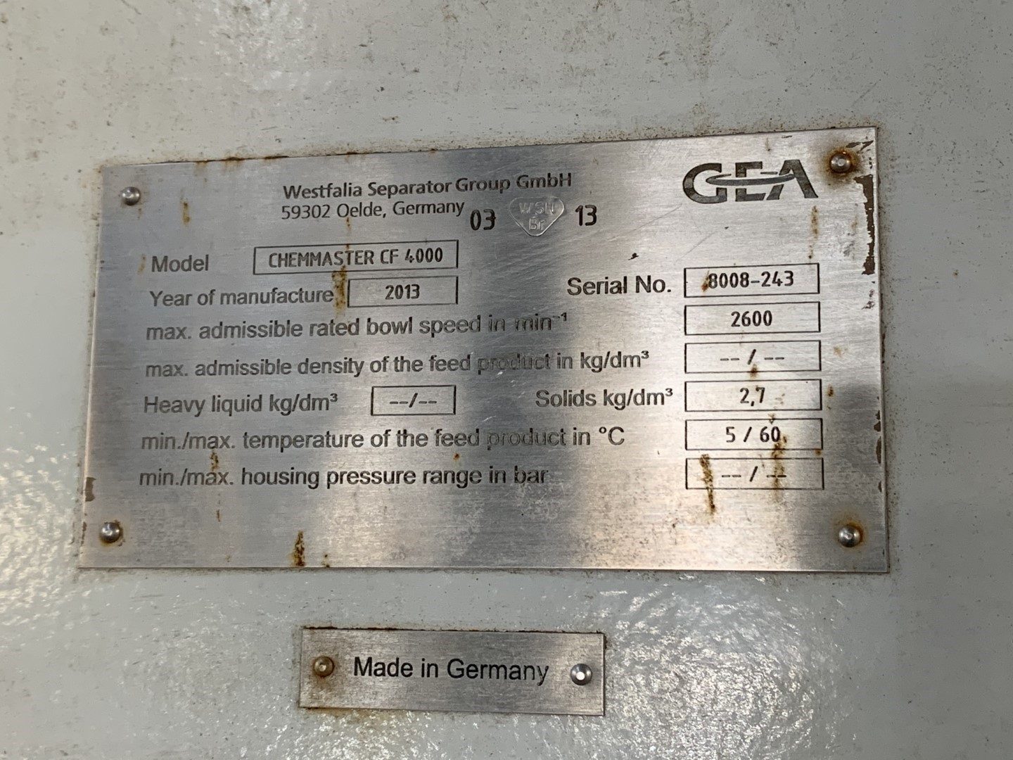 GEA Westfalia CF4000 Decanter Centrifuge, S/S, 2600 RPM
