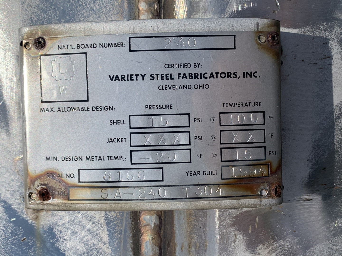 250 Gal Variety Steel Fab Receiver Tank, 304 S/S, 15#
