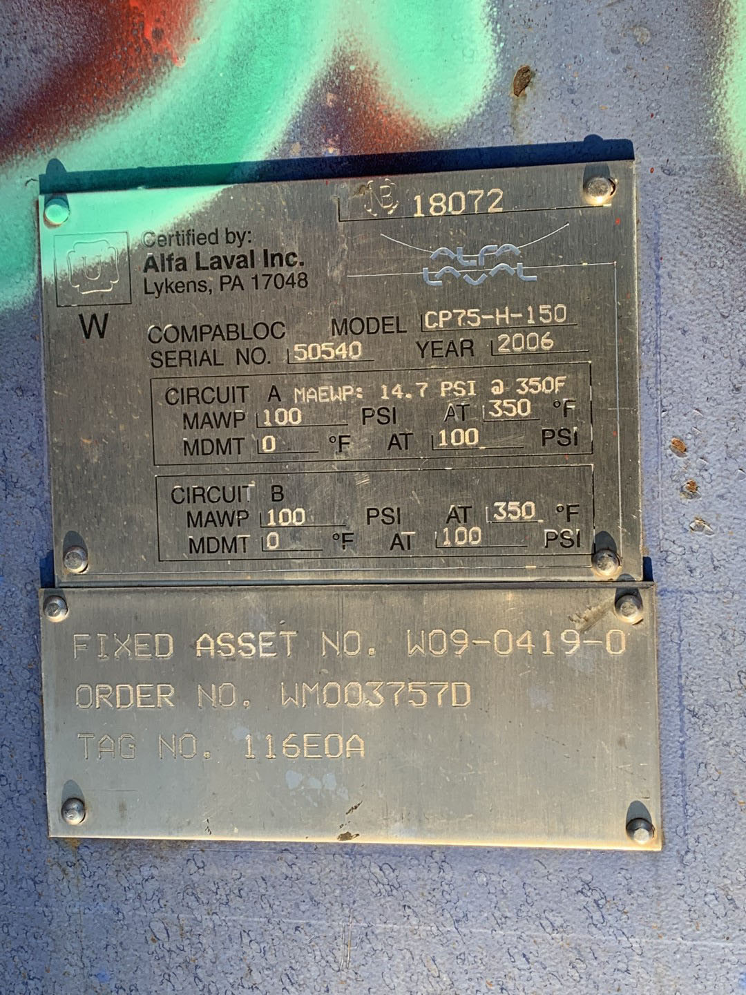 1,033 Sq Ft Alfa Laval CompaBloc Heat Exchanger, 316L S/S, 100/100#