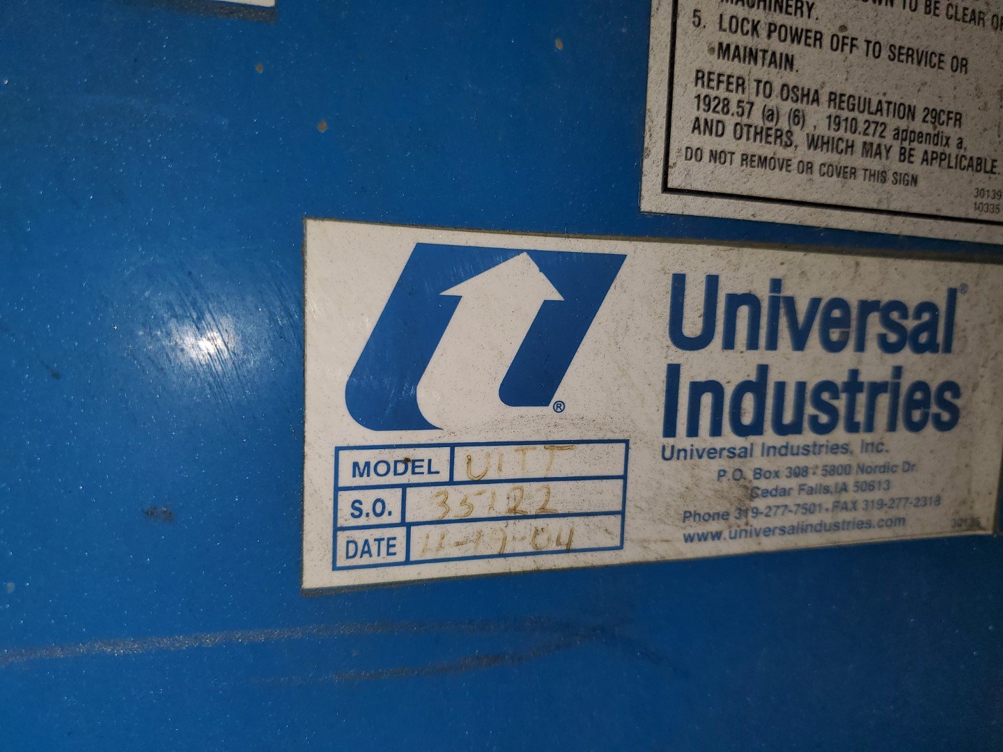 12'' Universal Industries Bucket Elevator, Model UITT, C/S