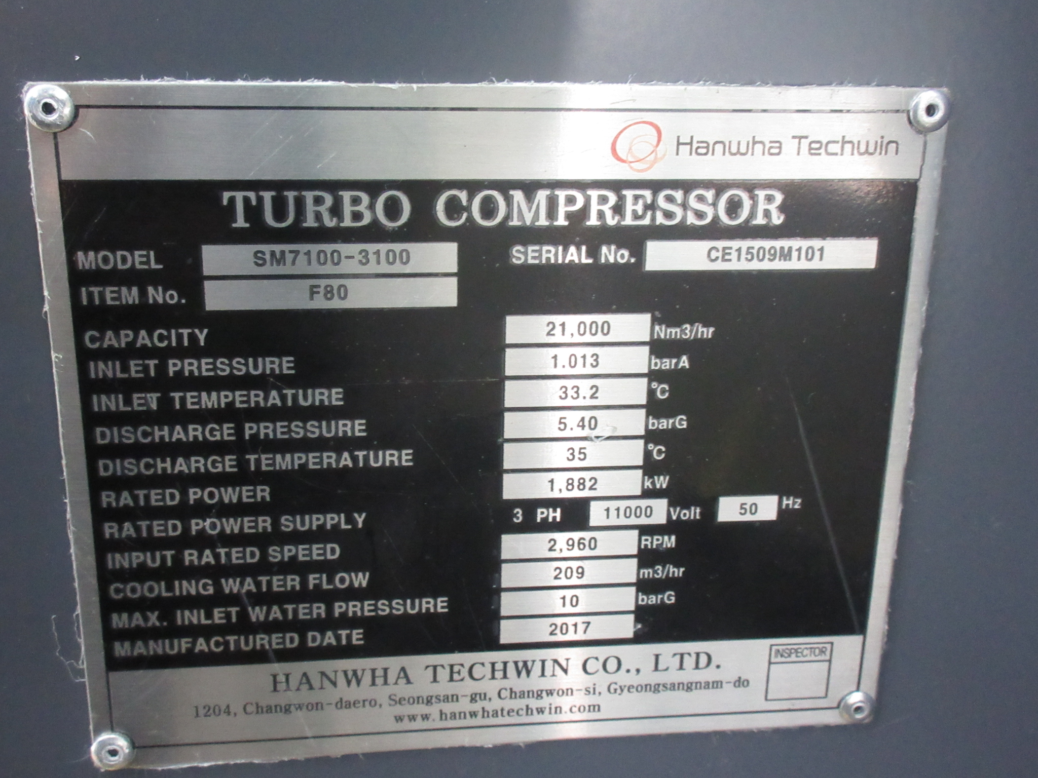 1882 KW Hanwha Techwin Oil Free Air Compressor