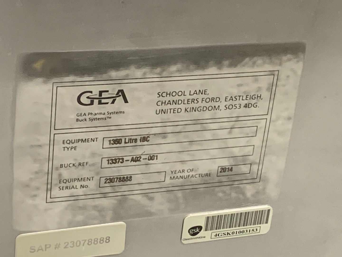 1,350 Liter GEA Buck Systems Tote, model 13373-A02