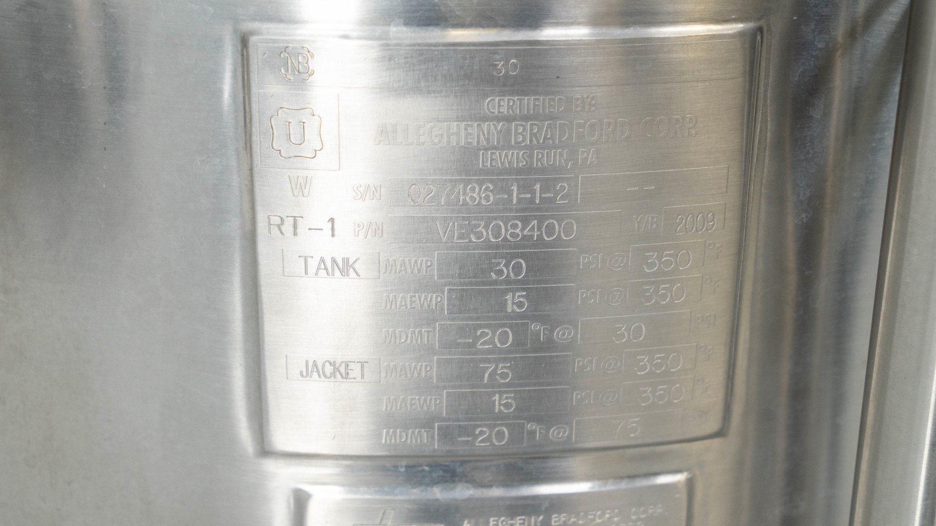 100 Liter Allegheny Bradford Reactor, S/S, 30/75#