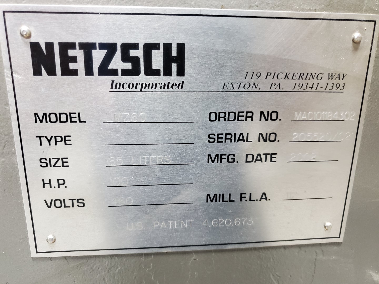 Netzsch LMZ60 Horizontal Media Mill, S/S, 100 HP