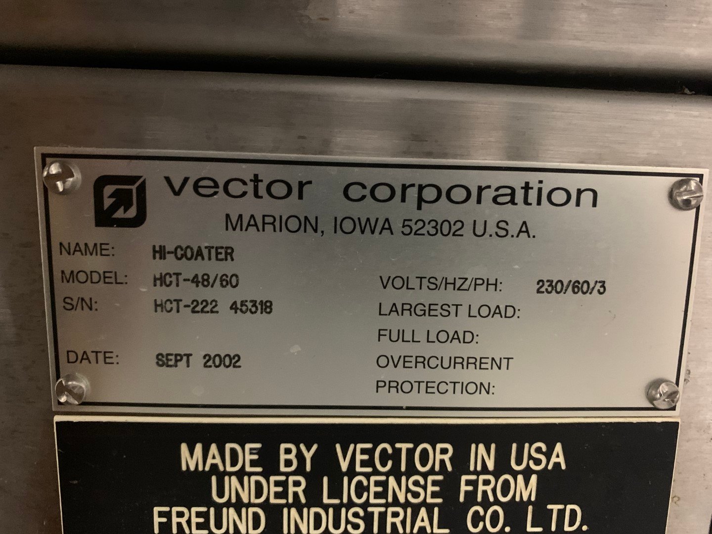 24" Vector HCT-48/60 Hi-Coater Coating Pan, S/S