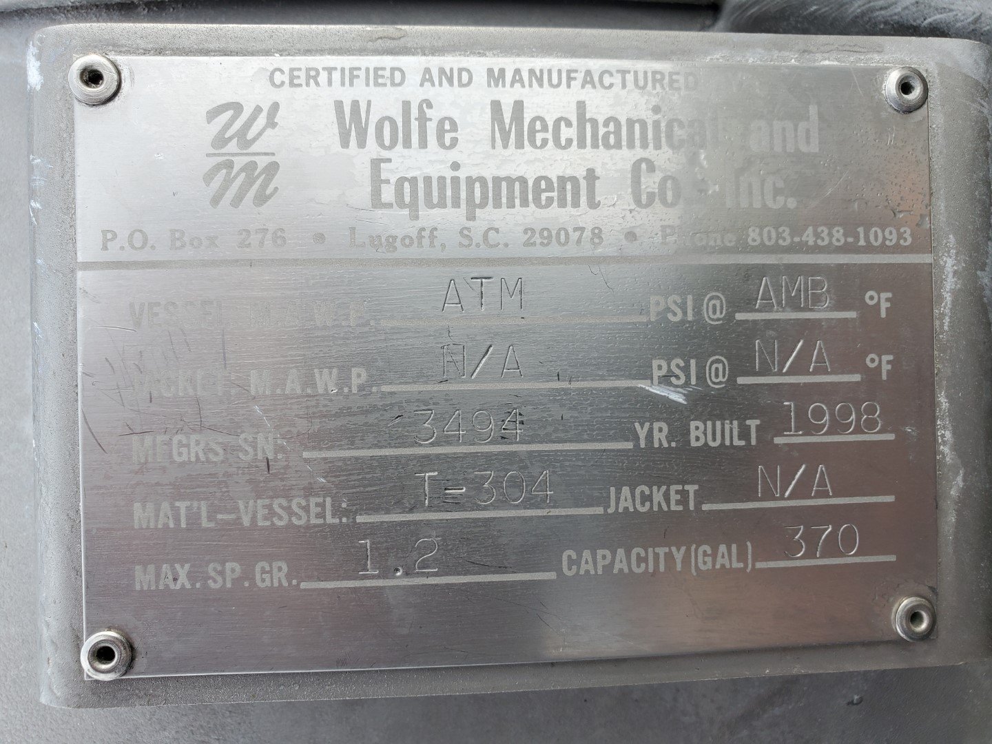 370 Gal Wolfe Mechanical Mix Tank, 304 S/S, 3 HP
