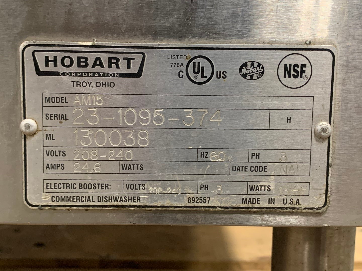 Hobart Dishwasher Model AM15