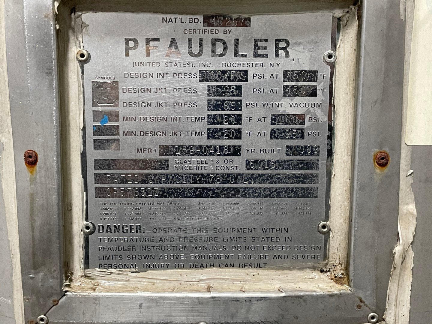75 Gal Pfaudler Glass-Lined Reactor, 100/95