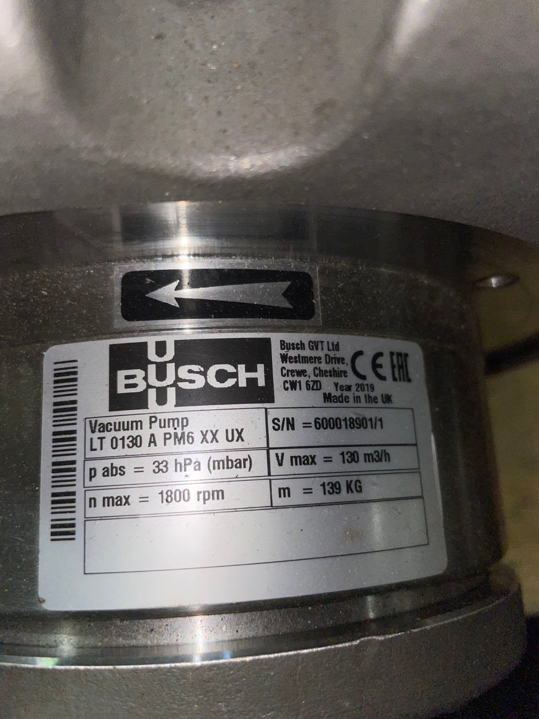 Busch Liquid Ring Vacuum Pump, Model LT0130A, 5 HP