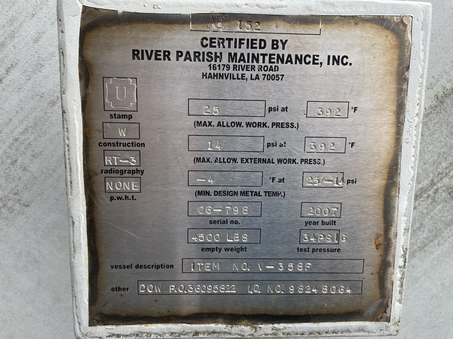 2,000 Gal River Parish Maintenance Receiver, 316L S/S, 25#