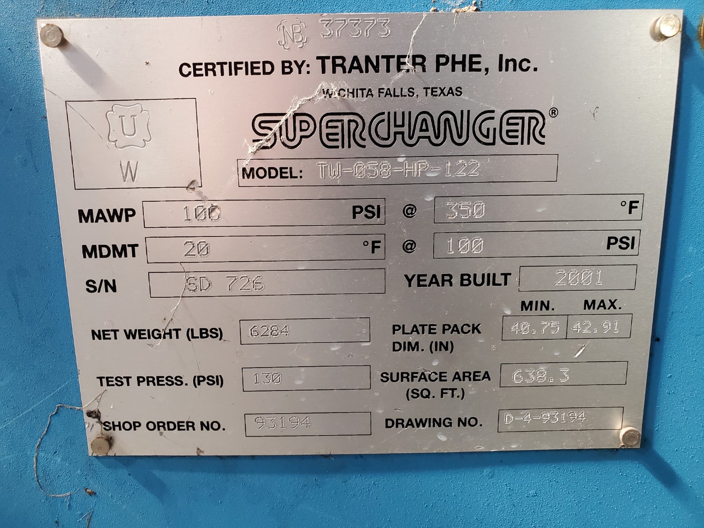 638.3 Tranter Plate Heat Exchanger, S/S, 100#